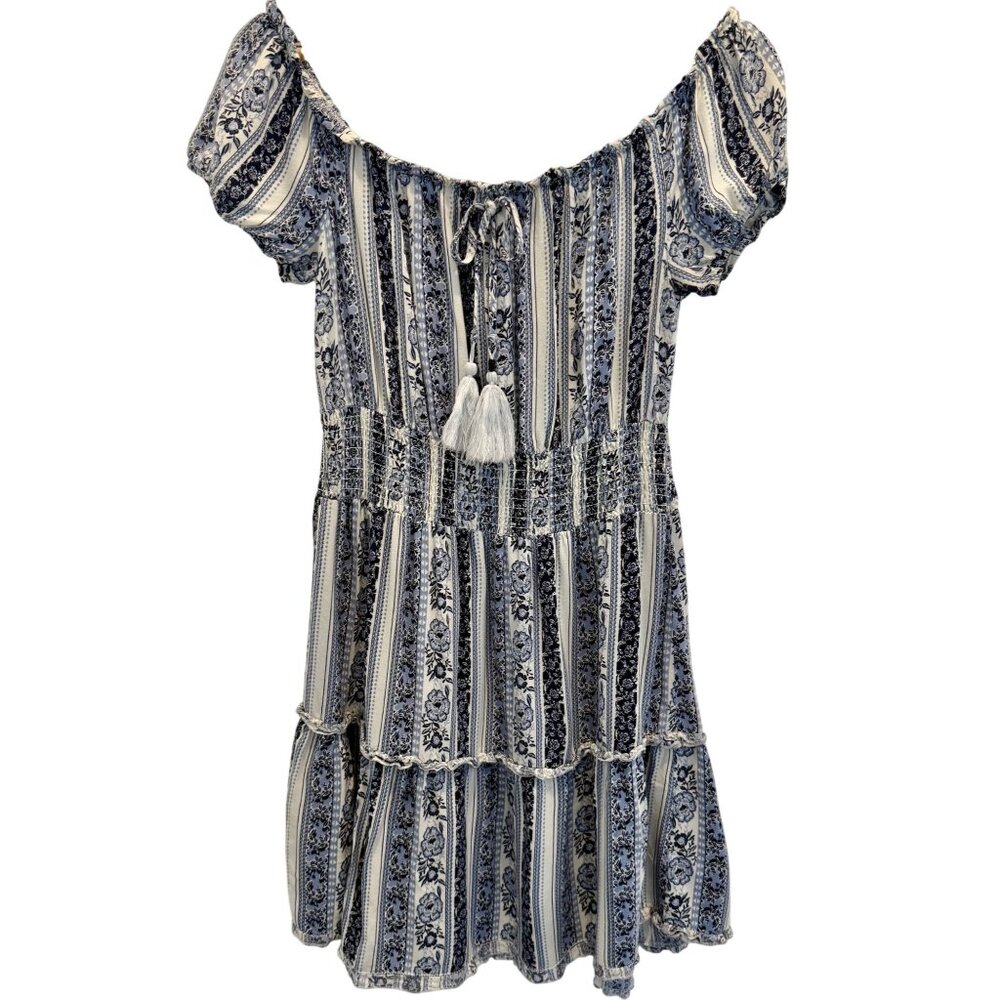 Justify Blue &‎ White Floral Peasant Off-Shoulder Smocked Mini Dress L Flirty